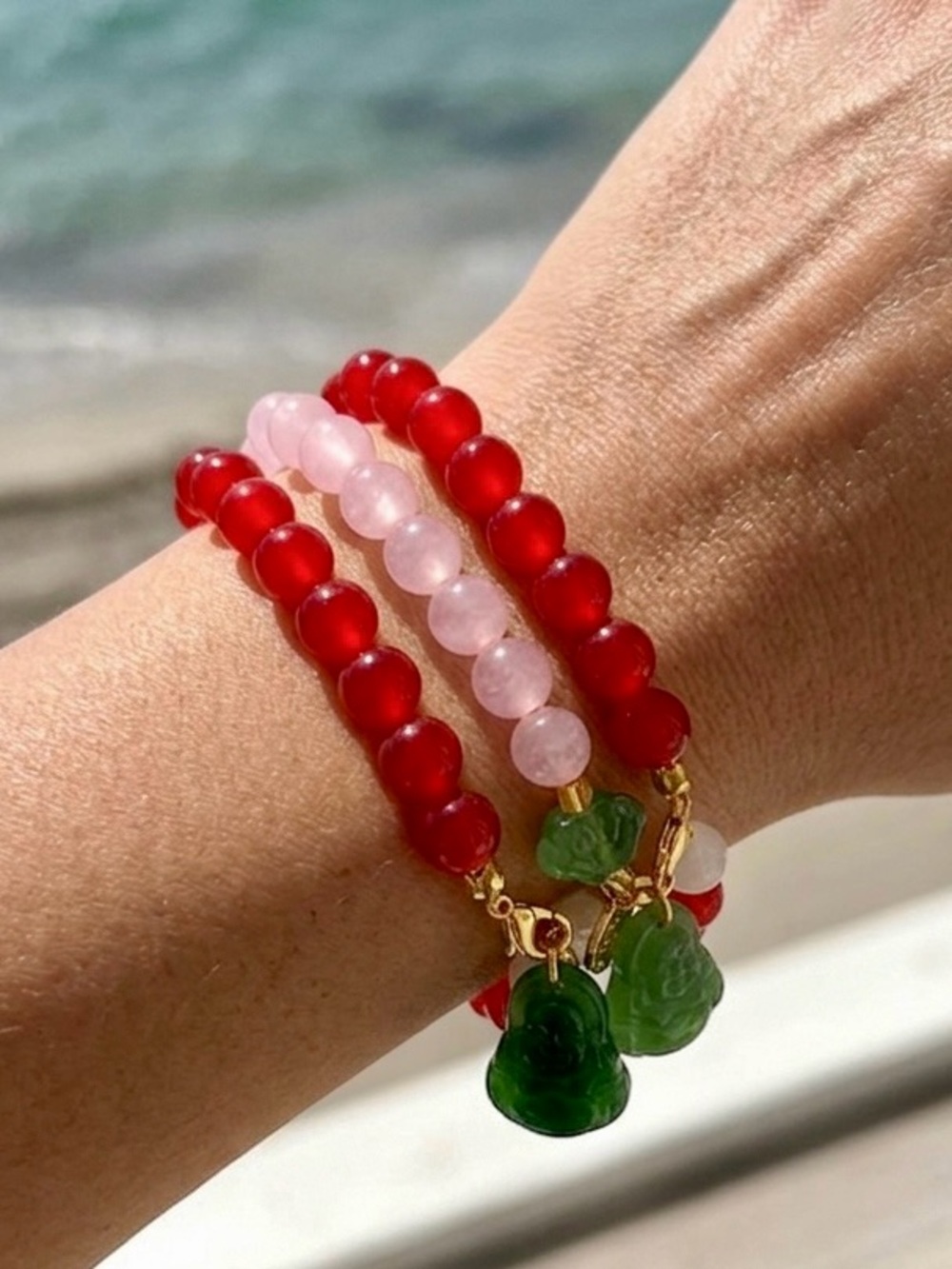 Bohemian Red and Pink Beaded Bracelet Set with Green Charms